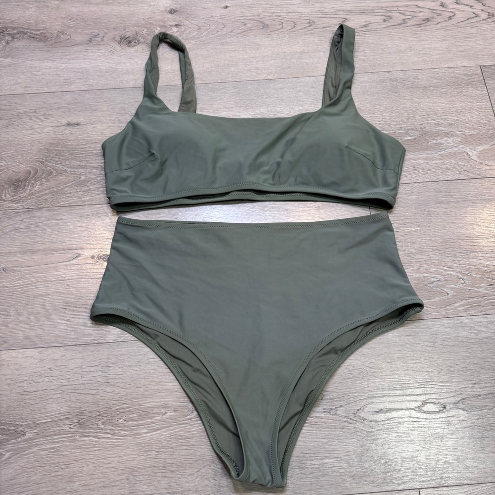 Aerie Womens Olive Green Scoop Neck Bikini Top XXL High Waisted Cheeky Bottoms L